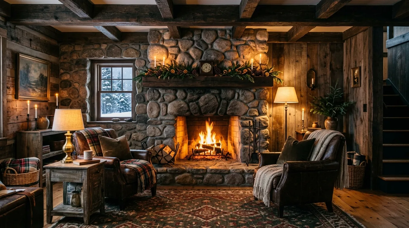 Let wood and natural textures keep the room grounded inspiration for a winter living room.